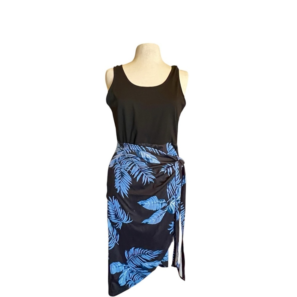 Black and Blue Leaf Print Women's Swim Dress - Picture 2 of 8